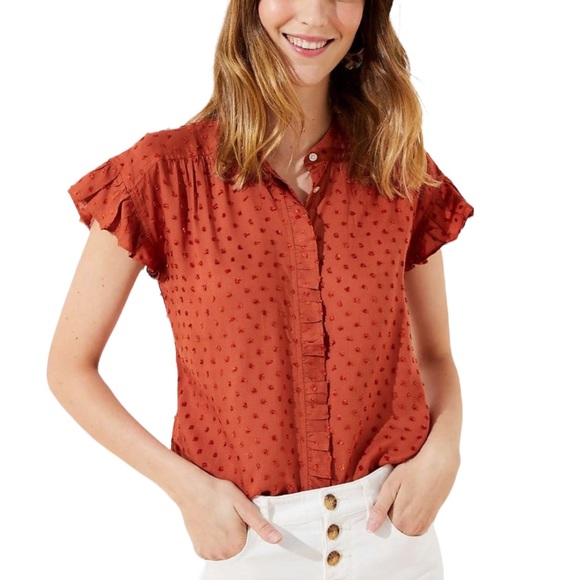 LOFT Ruffle Swiss Dot Button Up Blouse Short Sleeve Burnt Orange Sz S - Picture 3 of 15
